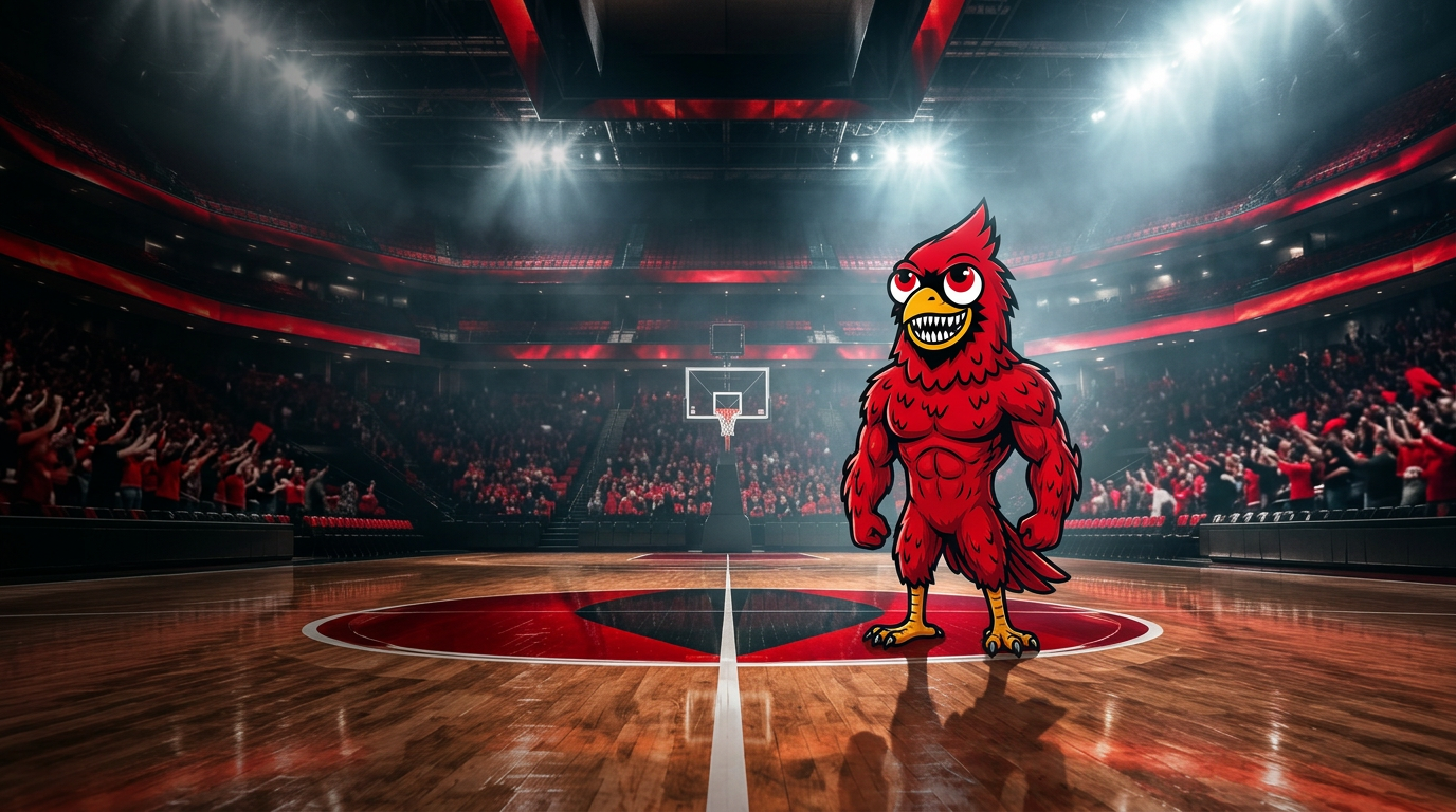 Cardinal at center court under arena floodlights
